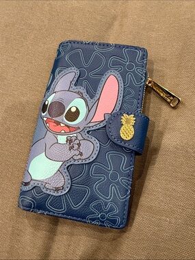 Loungefly Navy Stitch Appliqué Wallet with Gold Pineapple